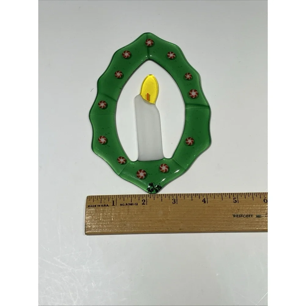 Handcrafted Fused Glass Christmas Wreath & Candle Suncatcher Peppermint Signed